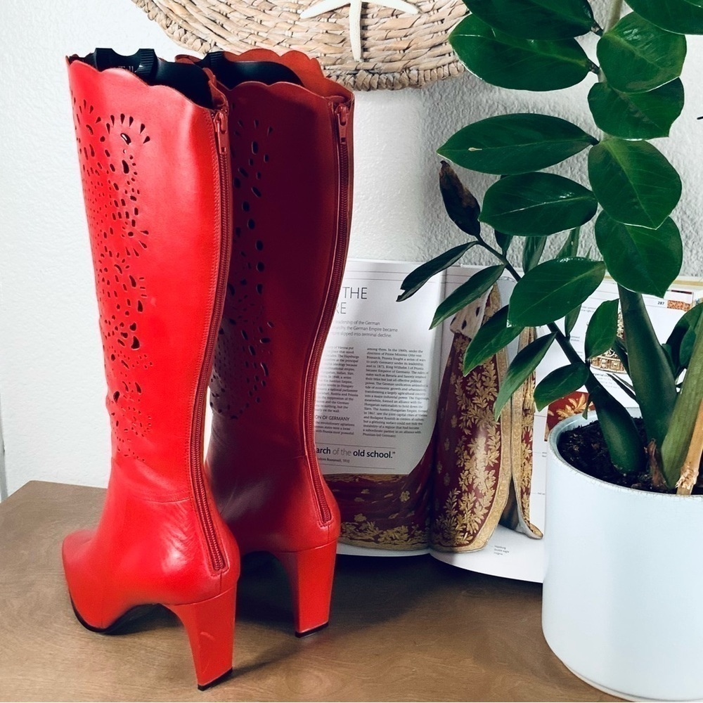 Bellini Celine Red  Leather Women Laser Cut Knee High 3.5"Heel Boots - Picture 3 of 7